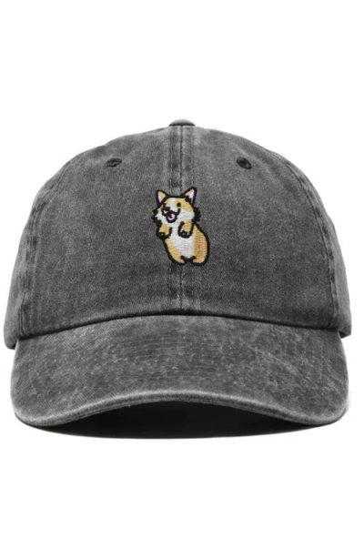 Dalix Leaping Corgi Embroidered Cap In Washed Black