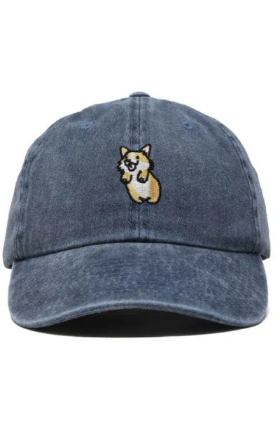 Dalix Leaping Corgi Embroidered Cap In Washed Navy Blue
