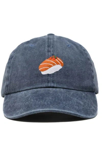 Dalix Salmon Sushi Embroidered Dad Cap In Washed Navy Blue