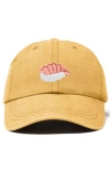 Dalix Shrimp Sushi Embroidered Dad Cap In Washed Gold