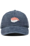Dalix Shrimp Sushi Embroidered Dad Cap In Washed Navy Blue