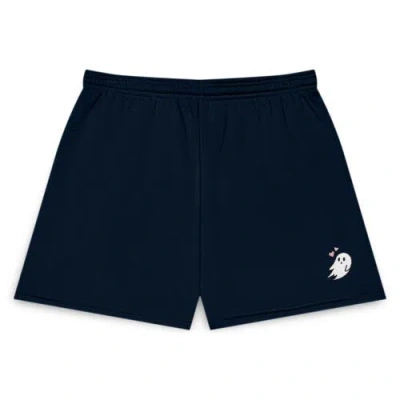 Dalix Womens Heartly Ghost Embroidered Fleece Short Sweats In Navy Blue