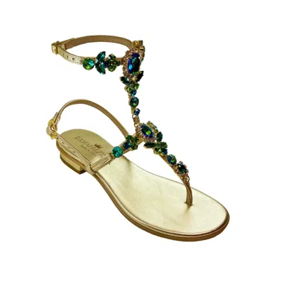 Damapreziosa Women's Green / Gold Lucrezia Flat Sandal With Green Crystals In Green/gold