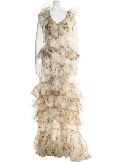 Pre-owned Damaris Bailey Floral Print Long Dress In Gold