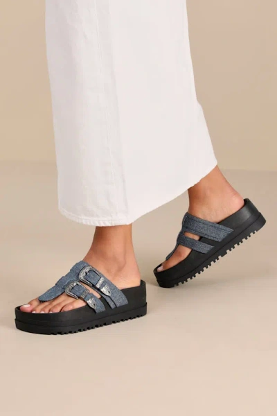 D'amelio Footwear Nyra Blue Jean Denim Thong Buckle Flatform Sandals