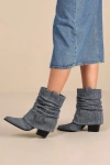 D'amelio Footwear Savella Day To Night Denim Rhinestone Slouchy Western Booties In Blue