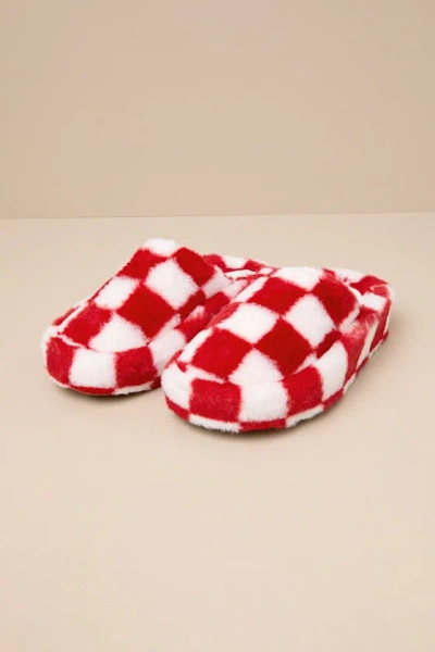 D'amelio Footwear Socozee Red And White Checkered Faux Fur Flatform Slippers