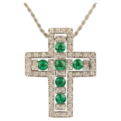 Pre-owned Damiani Belle Epoque Emerald And Diamond Cross Pendant Necklace In Green