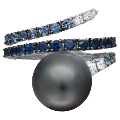 Pre-owned Damiani Blue Sapphire, Diamond And Pearl Spiral Cocktail Ring 18k White Gold