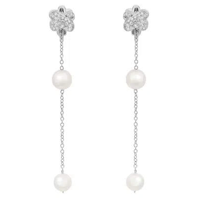 Pre-owned Damiani Diamond Pearl Long Drop Chain Earrings 18k White Gold 0.54cttw
