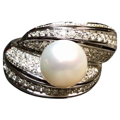 Pre-owned Damiani New Mikawa For  18k White Gold Diamond Pearl Bypass Cocktail Ring 2.40ctw