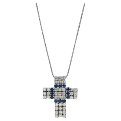 Pre-owned Damiani Round Cut Diamond & Blue Sapphire Cross Pendant Necklace 18k White Gold