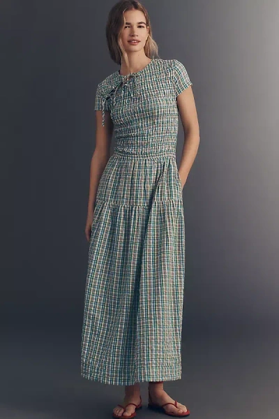 Damson Madder 100% Cotton Ebba Smocked Midi Dress In Blue