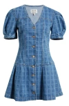 Damson Madder Adeline Grid Puff Sleeve Denim Minidress In Blue