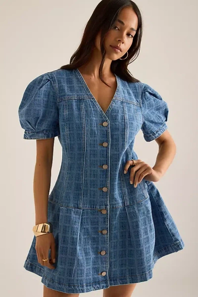 Damson Madder Adeline Puff-sleeve Denim Mini Dress In Blue
