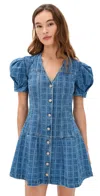 Damson Madder Adeline Grid Puff Sleeve Denim Minidress In Blue