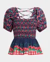 Damson Madder Allegra Cherry Pie Smocked Organic Cotton Peplum Top In Navyred