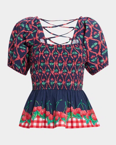 Damson Madder Allegra Cherry Pie Smocked Blouse In Navy/red