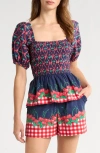 Damson Madder Allegra Cherry Pie Smocked Organic Cotton Peplum Top In Multi