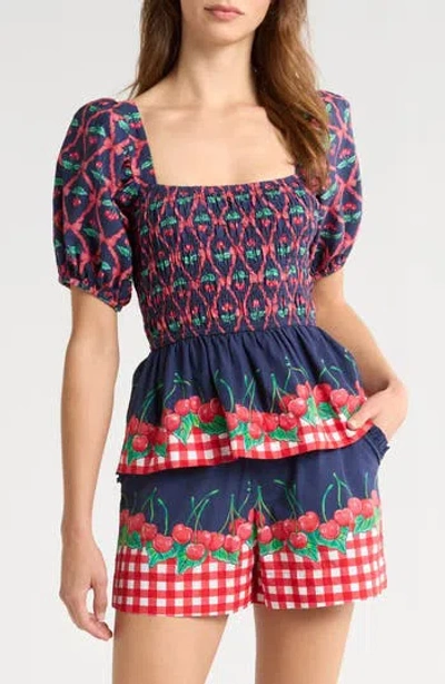 DAMSON MADDER DAMSON MADDER ALLEGRA CHERRY PIE SMOCKED ORGANIC COTTON PEPLUM TOP
