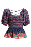 Damson Madder Allegra Cherry Pie Smocked Organic Cotton Peplum Top In Navy/red