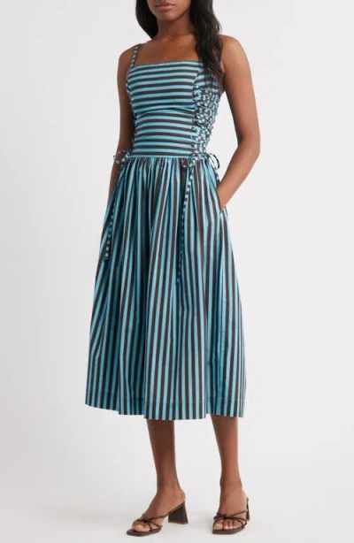 Damson Madder Angelina Stripe Lace-up Side Midi Sundress In Blue