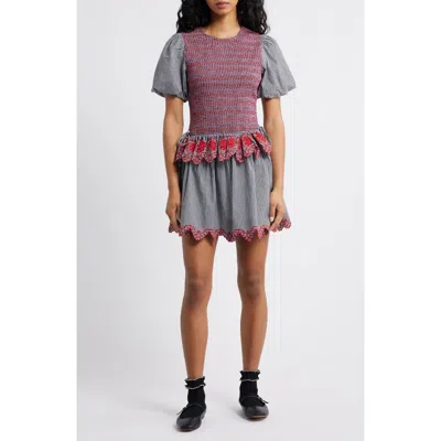 Damson Madder Audrey Mixed Media Organic Cotton Gingham Dress In Gray