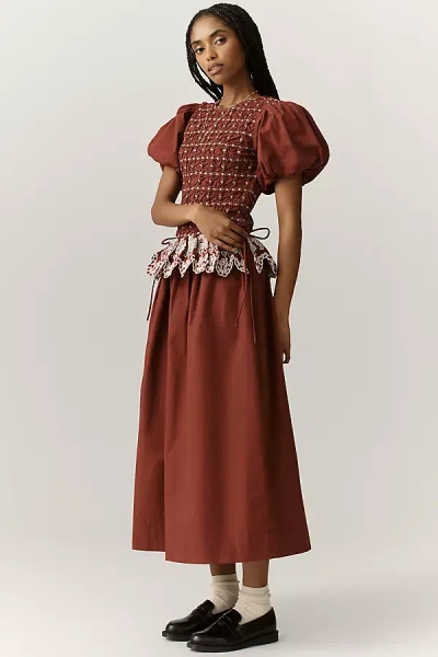 Damson Madder Audrey Puff-sleeve Organic Cotton Midi Dress In Brown