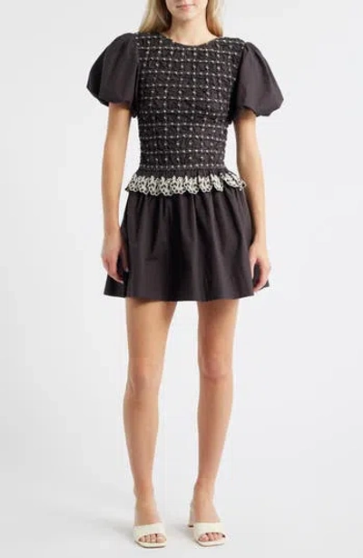 Damson Madder Audrey Smocked Puff Sleeve Organic Cotton Minidress In Black