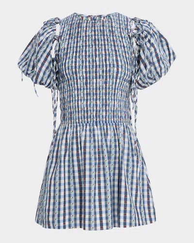 Damson Madder Becca Puff-sleeve Check Mini Dress In Navy
