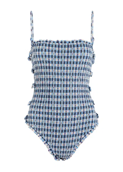 Damson Madder Betty Printed Smocked Swimsuit In Navy