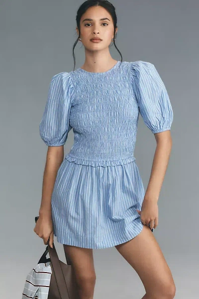 Damson Madder Bluebelle Puff-sleeve Shirred Mini Dress