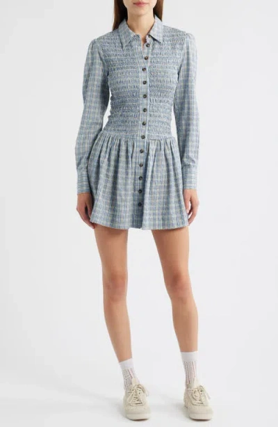 Damson Madder Bora Smocked Bodice Long Sleeve Organic Cotton Seersucker Minidress In Gray