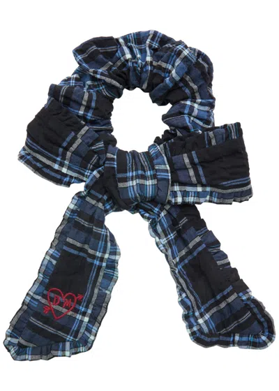Damson Madder Bow Checked Seersucker Scrunchie In Navy