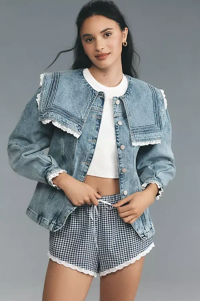 Damson Madder Broderie Anglaise Ruffle Sailor Denim Jacket In Blue