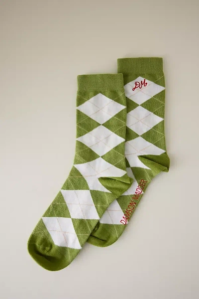 Damson Madder Argyle Organic Cotton Blend Crew Socks In Green