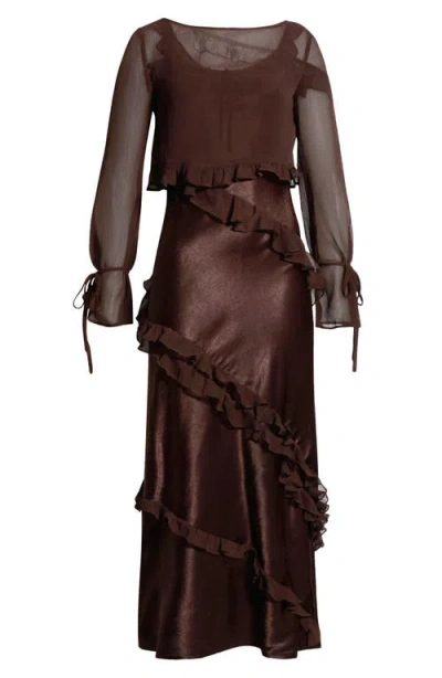 Damson Madder Carmen Ruffle Long Sleeve Satin Midi Dress In Brown
