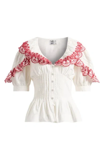 Damson Madder Caroline Cherry Embroidered Organic Cotton Peplum Top In White
