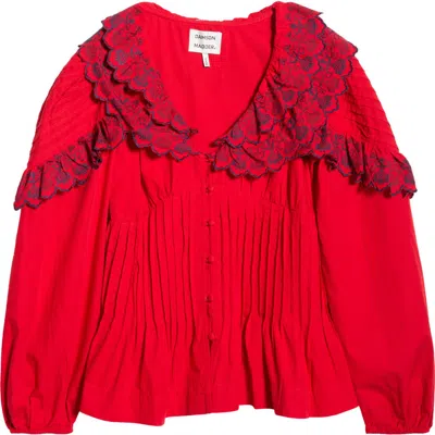 Damson Madder Caroline Embroidered Organic Cotton Peplum Top In Red