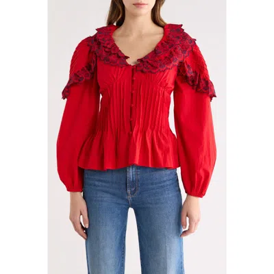 Damson Madder Caroline Embroidered Organic Cotton Peplum Top In Red