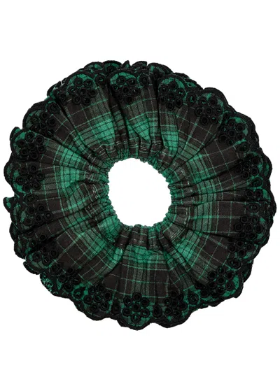 Damson Madder Checked Broderie Scrunchie In Green