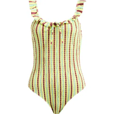 Damson Madder Cheyenne Smocked One-piece Swimsuit In Green