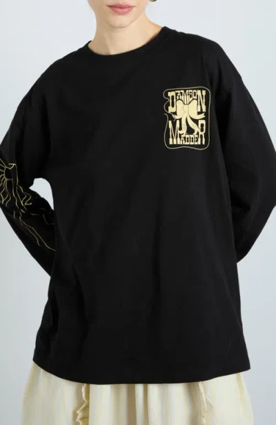 Damson Madder Cow Bow Long Sleeve Organic Cotton Graphic T-shirt In Charcoal