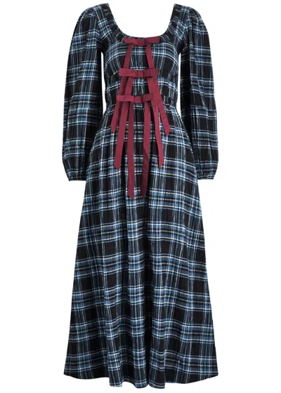 Damson Madder Dakota Checked Seersucker Midi Dress In Blue