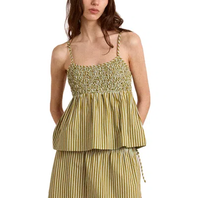 Damson Madder Dinah Striped Smocked Organic Cotton Camisole In Green