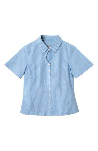 Damson Madder Ebba Pinstripe Keyhole Organic Cotton Button-up Shirt In Blue