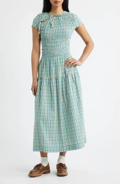 Damson Madder Ebba Plaid Cutout Detail Organic Cotton Dress In Blue