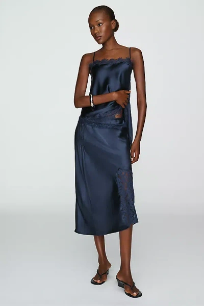 Damson Madder Elea Satin And Lace Midi Skirt In Blue
