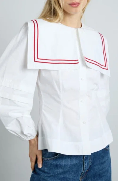 Damson Madder Elise Sailor Collar Long Sleeve Organic Cotton Top In White