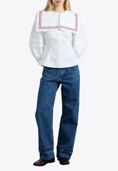 Damson Madder Womens Elise Balloon-sleeves Cotton-poplin Blouse White With Red